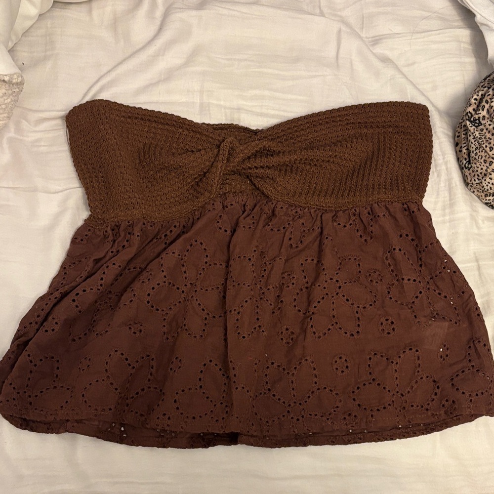 SHEIN Brown Eyelet Strapless Top